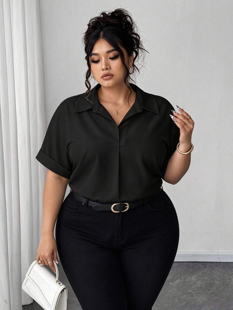 Elenzga Black Summer Plus Size Shirts, Smart Casual Traditional Business Formal Office Blouses, Solid Color Front Button Batwing Halloween Teachers' Day - Black - View 1