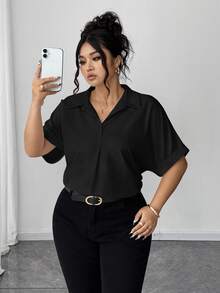 Elenzga Black Summer Plus Size Shirts, Smart Casual Traditional Business Formal Office Blouses, Solid Color Front Button Batwing Halloween Teachers' Day - Black - View 3