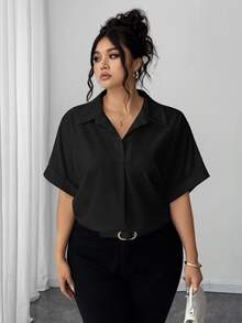 Elenzga Black Summer Plus Size Shirts, Smart Casual Traditional Business Formal Office Blouses, Solid Color Front Button Batwing Halloween Teachers' Day - Black - View 6