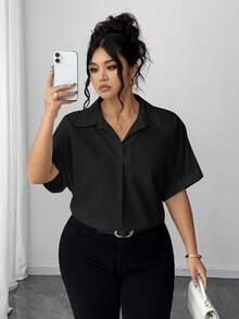 Elenzga Black Summer Plus Size Shirts, Smart Casual Traditional Business Formal Office Blouses, Solid Color Front Button Batwing Halloween Teachers' Day - Black - View 8