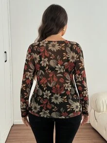 Easowa Curve Plus Size Women's Botanical Print Round Neck Long Sleeve Top Autumn Date Night Vacation Vacation Brunch Black 1960s Sexy - Multicolor - View 7