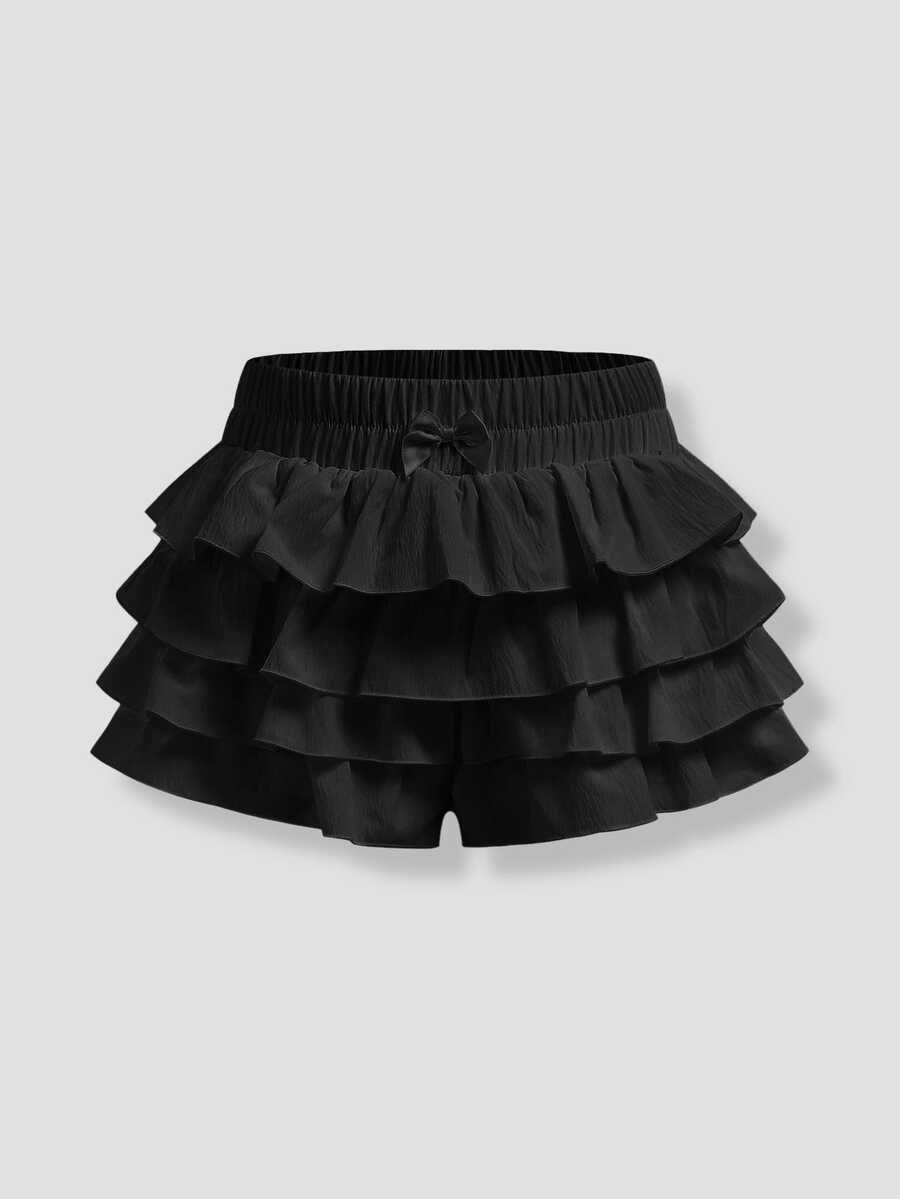 Young Girl's Fashion Solid Color Slim Fit Casual Shorts - Black - View 1