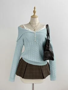 Elamini 女款白色休閒百搭通勤日常穿著經典麻花編織半鈕扣套頭毛衣，秋冬款 - 藍色 - 查看 4
