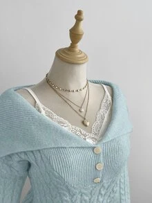 Elamini 女款白色休閒百搭通勤日常穿著經典麻花編織半鈕扣套頭毛衣，秋冬款 - 藍色 - 查看 3