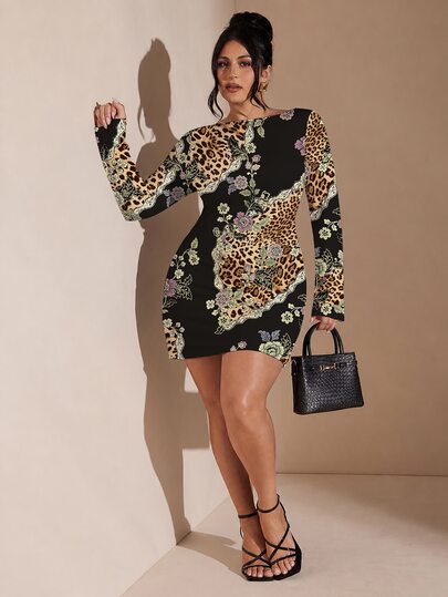 SHEIN BAE فستان نسائي مقاس كبير أسود خريفي أنيق وجذاب بطبعة نمر وزهور، ملابس رسمية للسهرة وحفلات الزفاف والضيوف والغداء والعشاء والخروج، كاجوال بظهر مكشوف للحفلات