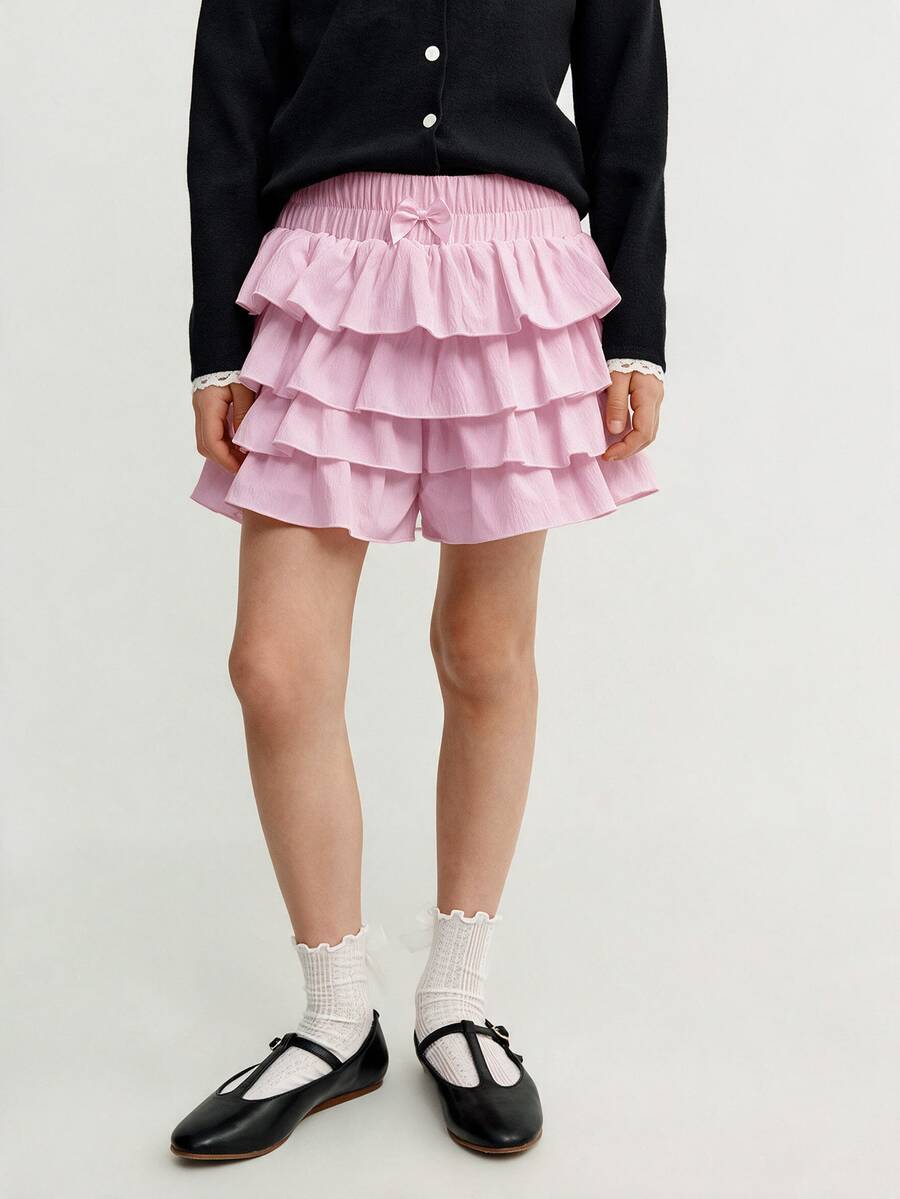 SHEIN Tween Girls' Casual Solid Color Skirt Shorts - Pink - View 1