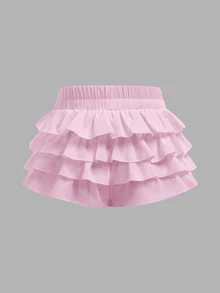 SHEIN Tween Girls' Casual Solid Color Skirt Shorts - Pink - View 3