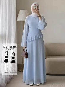 SHEIN Tall Sweet And Elegant Long Dress With Ruffled Bell Sleeves In Blue For Tall Muslim Women. - Blue - View 4