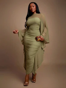 Radiana 大码女装秋冬优雅华丽性感基础款网纱褶皱修身女神裙，适合宴会、盛宴、晚宴、舞会、舞会等场合，凸显身材，修饰身形，展现迷人曲线。 - 軍綠色 - 查看 1