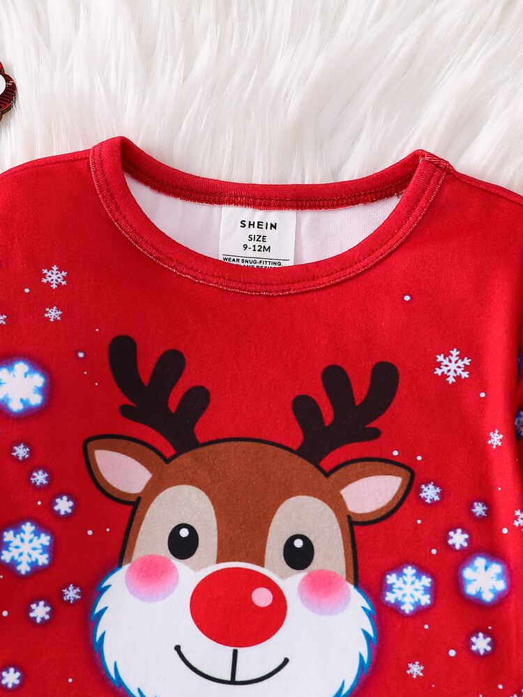 SHEIN Baby Boy Cartoon Cute Animal Pattern Fitted Long Sleeve Long Pants Loungewear Set, Suitable For Christmas, Party, New Year - Red - View 4