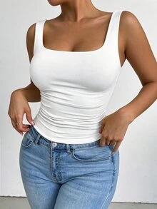 Elenzga Plus-Size Women's Square Neck Sleeveless Tank Top, Spring/Summer, Vacation, Basic White Tank Top For Going Out. - White - View 1