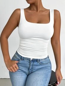 Elenzga Plus-Size Women's Square Neck Sleeveless Tank Top, Spring/Summer, Vacation, Basic White Tank Top For Going Out. - White - View 4