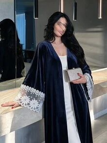 Yasveil Women Navy Blue Velvet V Neck White Lace Cuff Wide Sleeve Open Front Abaya Coat Dubai Middle East Fall Formal Evening Kaftan Robe - Blue - View 3