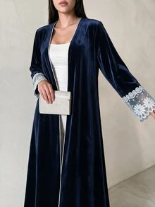 Yasveil Women Navy Blue Velvet V Neck White Lace Cuff Wide Sleeve Open Front Abaya Coat Dubai Middle East Fall Formal Evening Kaftan Robe - Blue - View 8
