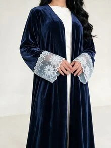Yasveil Women Navy Blue Velvet V Neck White Lace Cuff Wide Sleeve Open Front Abaya Coat Dubai Middle East Fall Formal Evening Kaftan Robe - Blue - View 5