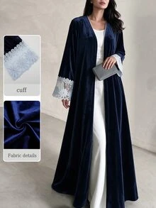 Yasveil Women Navy Blue Velvet V Neck White Lace Cuff Wide Sleeve Open Front Abaya Coat Dubai Middle East Fall Formal Evening Kaftan Robe - Blue - View 9