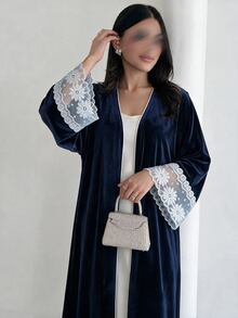 Yasveil Women Navy Blue Velvet V Neck White Lace Cuff Wide Sleeve Open Front Abaya Coat Dubai Middle East Fall Formal Evening Kaftan Robe - Blue - View 1
