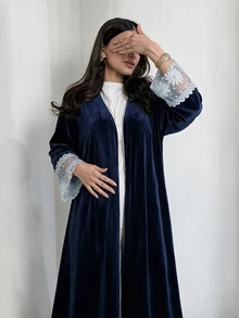 Yasveil Women Navy Blue Velvet V Neck White Lace Cuff Wide Sleeve Open Front Abaya Coat Dubai Middle East Fall Formal Evening Kaftan Robe - Blue - View 7