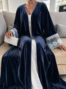 Yasveil Women Navy Blue Velvet V Neck White Lace Cuff Wide Sleeve Open Front Abaya Coat Dubai Middle East Fall Formal Evening Kaftan Robe - Blue - View 4