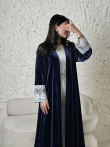 Yasveil Women Navy Blue Velvet V Neck White Lace Cuff Wide Sleeve Open Front Abaya Coat Dubai Middle East Fall Formal Evening Kaftan Robe - Blue - View 6