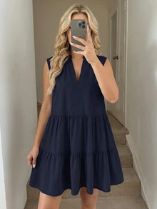 Easowa Curve Plus Size Summer Casual Elegant Baggy Solid Color Sleeveless Dress Formal Vacation Navy Blue Travel - Navy Blue - View 1