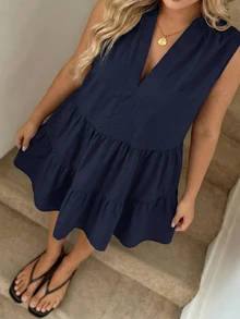Easowa Curve Plus Size Summer Casual Elegant Baggy Solid Color Sleeveless Dress Formal Vacation Navy Blue Travel - Navy Blue - View 4