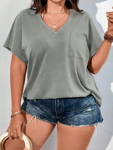 Ceyna Plus Solid Pocket Patched Batwing Sleeve Tee - Dark Grey - View 5