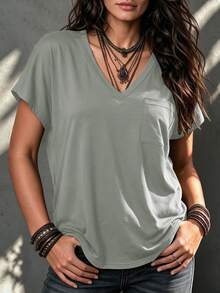 Ceyna Plus Solid Pocket Patched Batwing Sleeve Tee - Dark Grey - View 1