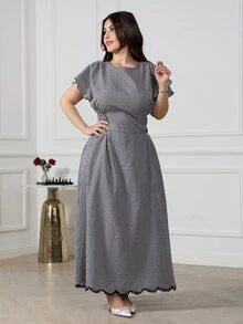 Nour Diyab Women's Plaid Round Neck Ruffle Short Sleeve Elegant Long Dress - Apricot - View 4