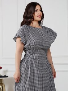 Nour Diyab Women's Plaid Round Neck Ruffle Short Sleeve Elegant Long Dress - Apricot - View 1
