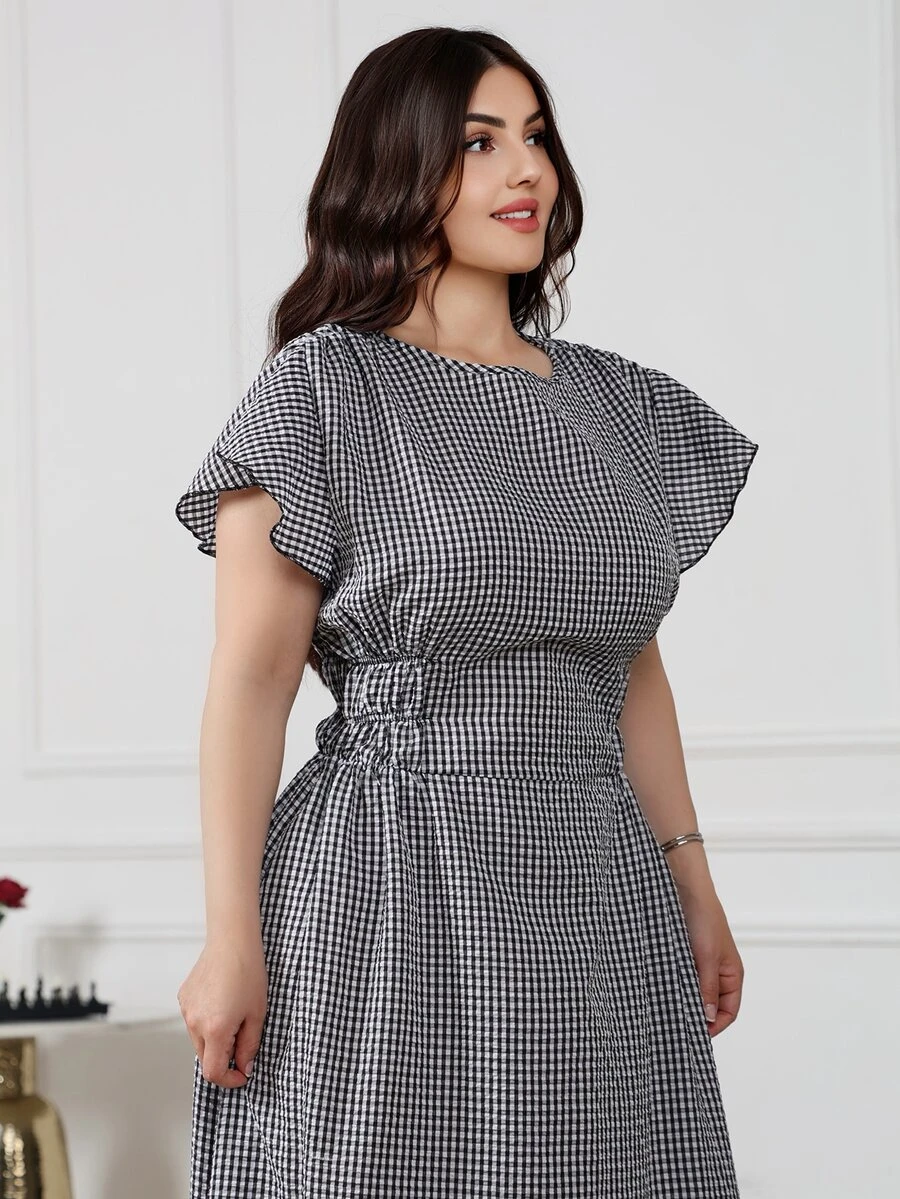 Nour Diyab Women's Plaid Round Neck Ruffle Short Sleeve Elegant Long Dress - Apricot - View 1