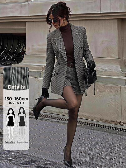 SHEIN PETITE Women's Plaid Notch Lapel Long Sleeve Jacket And Shorts Suit Set