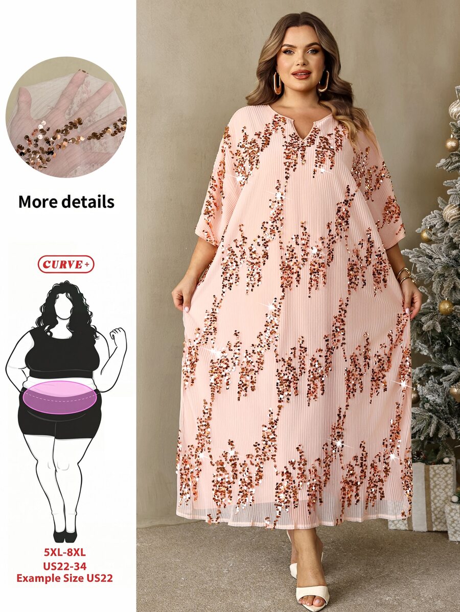 SHEIN CURVE+ Plus Size Elegant Sequin Dress For Evening Party Christmas Luxury Evening Wedding Dress Christmas - Pink - View 1
