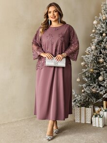 SHEIN CURVE+ Plus Size Women's Contrast Lace Round Neck 3/4 Sleeve Elegant Dress Fall - Purple - View 6