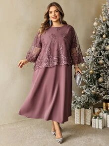SHEIN CURVE+ Plus Size Women's Contrast Lace Round Neck 3/4 Sleeve Elegant Dress Fall - Purple - View 7