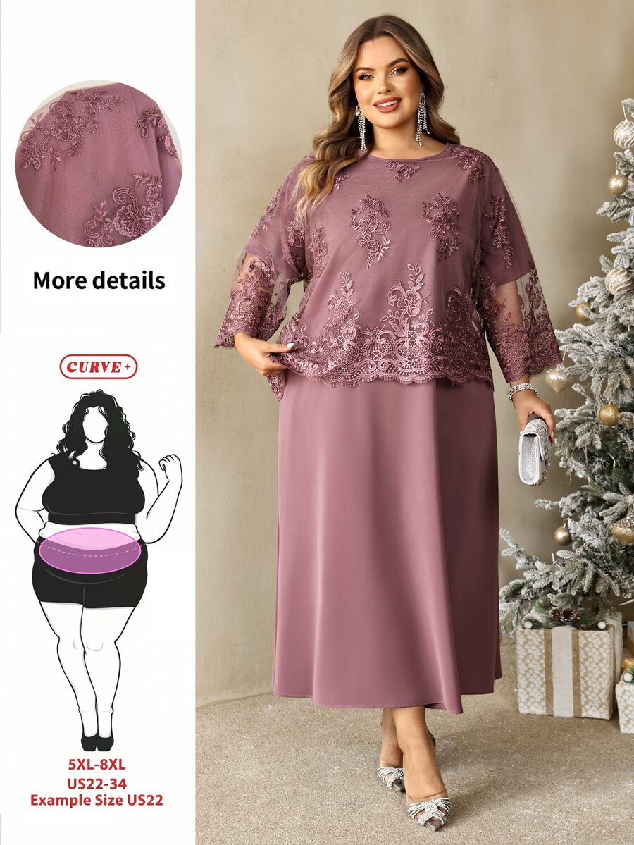 SHEIN CURVE+ Plus Size Women's Contrast Lace Round Neck 3/4 Sleeve Elegant Dress Fall - Purple - View 1