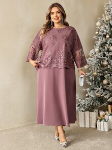 SHEIN CURVE+ Plus Size Women's Contrast Lace Round Neck 3/4 Sleeve Elegant Dress Fall - Purple - View 3