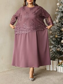 SHEIN CURVE+ Plus Size Women's Contrast Lace Round Neck 3/4 Sleeve Elegant Dress Fall - Purple - View 4