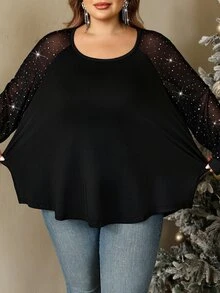 SHEIN CURVE+ 大尺碼女款純色不對稱領不對稱袖寬鬆休閒性感T恤，適合派對、約會、聖誕節 - 彩色 - 查看 4