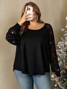 SHEIN CURVE+ 大尺碼女款純色不對稱領不對稱袖寬鬆休閒性感T恤，適合派對、約會、聖誕節 - 彩色 - 查看 7