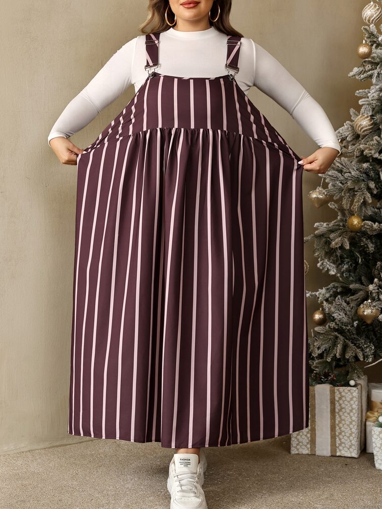 SHEIN CURVE+ Plus Size Women's Striped Pleated Casual Everyday Summer Strap Dress,Christmas - Multicolor - View 5