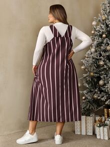 SHEIN CURVE+ 大尺碼女款條紋百褶休閒日常夏季細肩帶洋裝，聖誕節 - 彩色 - 查看 2