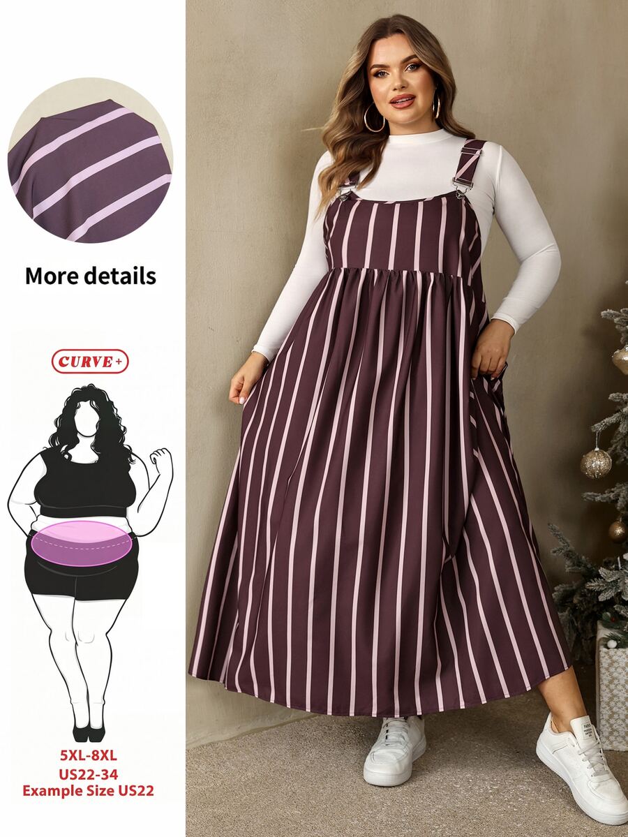 SHEIN CURVE+ 大尺碼女款條紋百褶休閒日常夏季細肩帶洋裝,聖誕節 - 彩色 - 查看 1