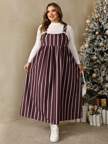 SHEIN CURVE+ 大尺碼女款條紋百褶休閒日常夏季細肩帶洋裝，聖誕節 - 彩色 - 查看 7