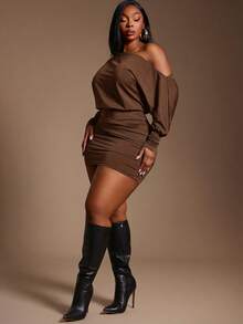 Radiana Elegant Plus Size Coffee Brown Mini Pencil Dress With Asymmetrical Neck Ruched Batwing Extra Long Sleeves For Women - Coffee Brown - View 5