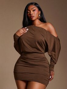 Radiana Elegant Plus Size Coffee Brown Mini Pencil Dress With Asymmetrical Neck Ruched Batwing Extra Long Sleeves For Women - Coffee Brown - View 4