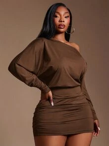Radiana Elegant Plus Size Coffee Brown Mini Pencil Dress With Asymmetrical Neck Ruched Batwing Extra Long Sleeves For Women - Coffee Brown - View 6