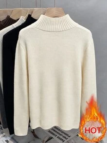 GlowEve CURVE Sweater Pullover Wanita Plus Size Warna Off White dengan Kerah Mock Neck untuk Musim Gugur dan Musim Dingin, Dekorasi Logam, Lapisan Fleece, Slim Fit Dasar Serbaguna Lengan Panjang - Krem - View 6