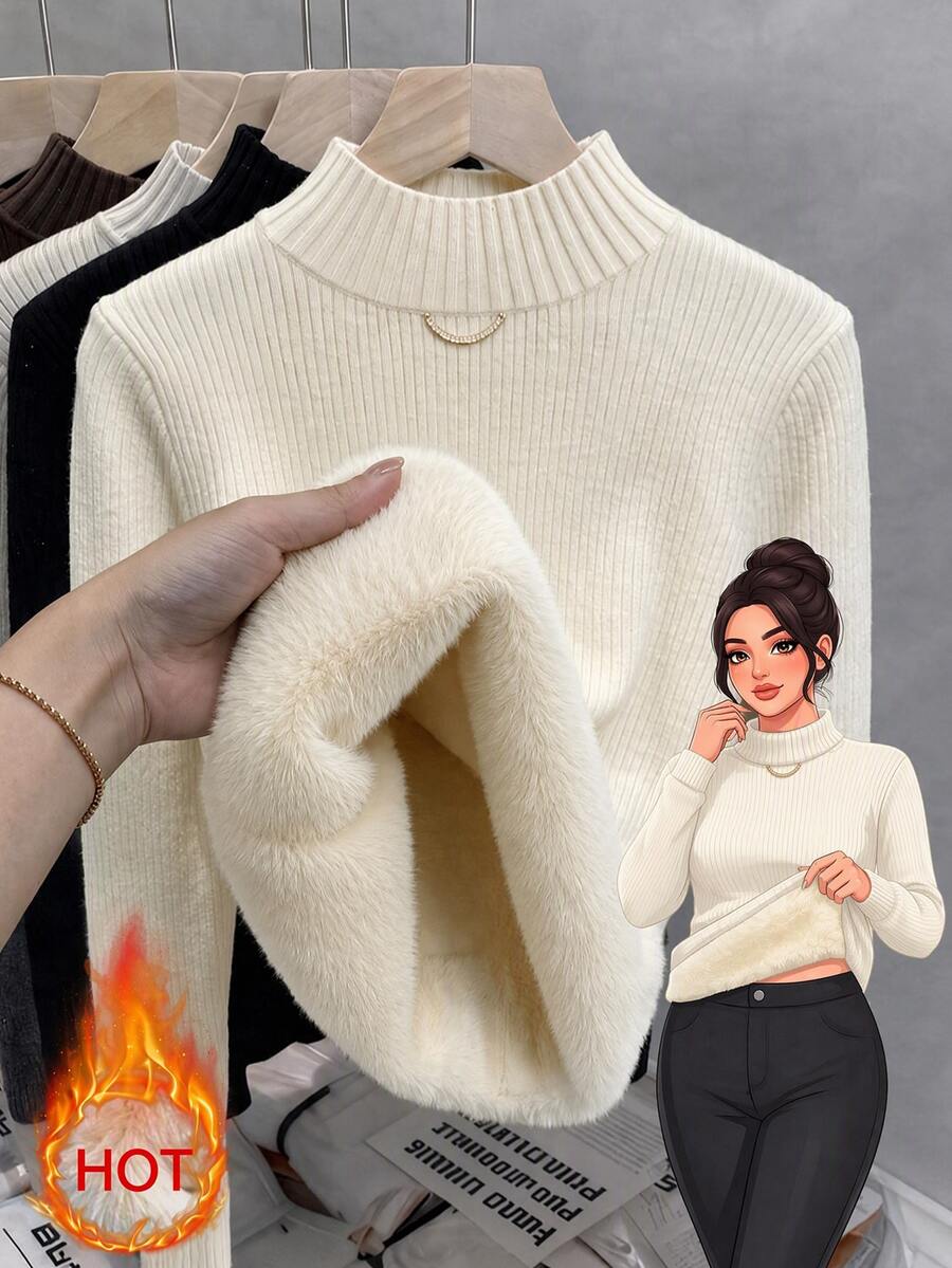 GlowEve CURVE New Arrival PlusSize Women's OffWhite MockNeck Pullover Sweater For Autumn And Winter, Metal Decor, FleeceLined, Basic SlimFit Versatile LongSle - Beige - View 1