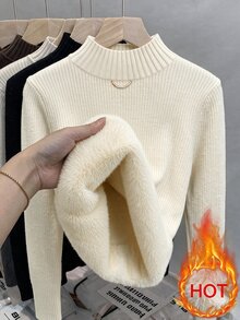 GlowEve CURVE Sweater Pullover Wanita Plus Size Warna Off White dengan Kerah Mock Neck untuk Musim Gugur dan Musim Dingin, Dekorasi Logam, Lapisan Fleece, Slim Fit Dasar Serbaguna Lengan Panjang - Krem - View 1